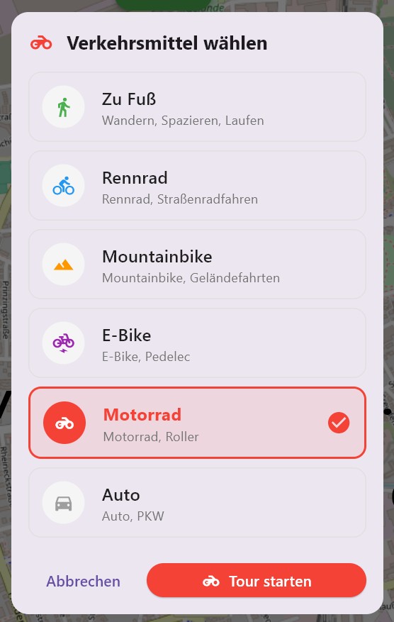 GPS Explorer Fahrzeugtyp-Auswahl mit 6 Optionen: Zu Fuß, Rennrad, Mountainbike, E-Bike, Motorrad, Auto