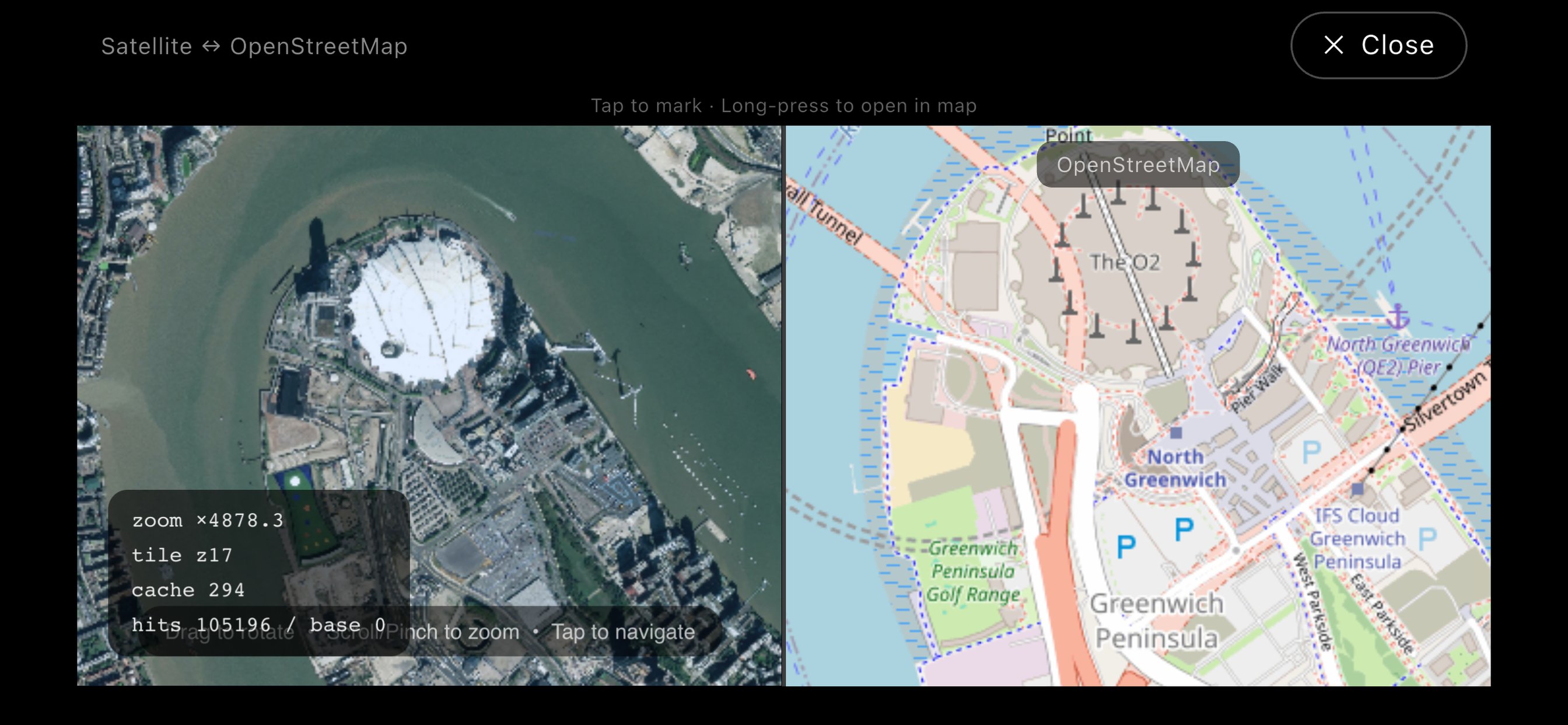 GPS Explorer Split-View: Satellitenansicht und OpenStreetMap nebeneinander – The O2 Arena London
