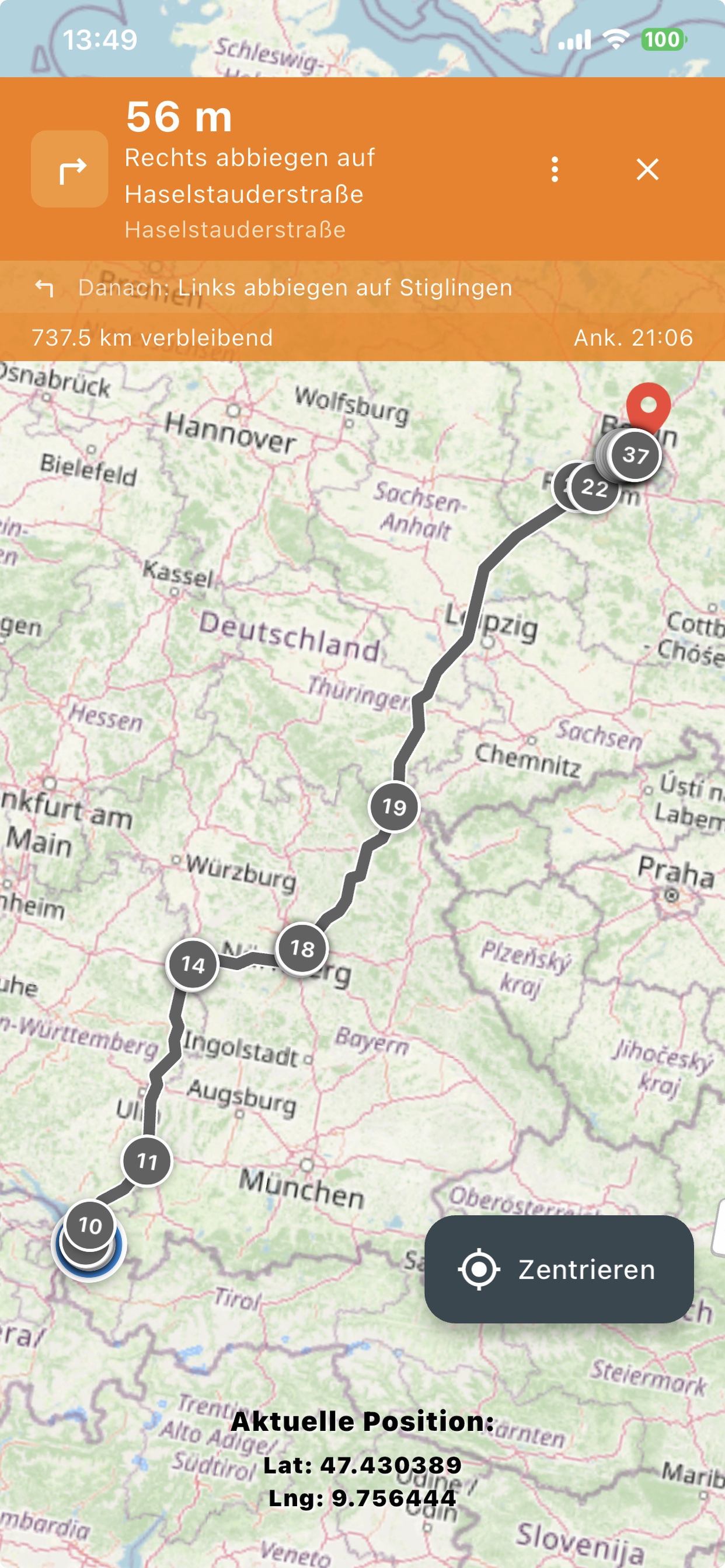 GPS Explorer Turn-by-Turn Navigation mit Sprachführung - Route von Österreich nach Berlin
