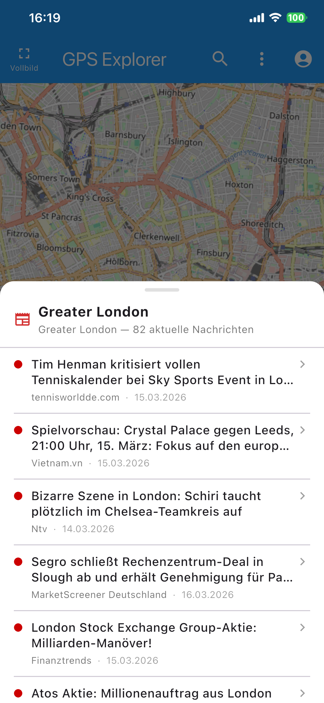 GPS Explorer News-Layer mit aktuellen Nachrichten aus Greater London auf der Karte