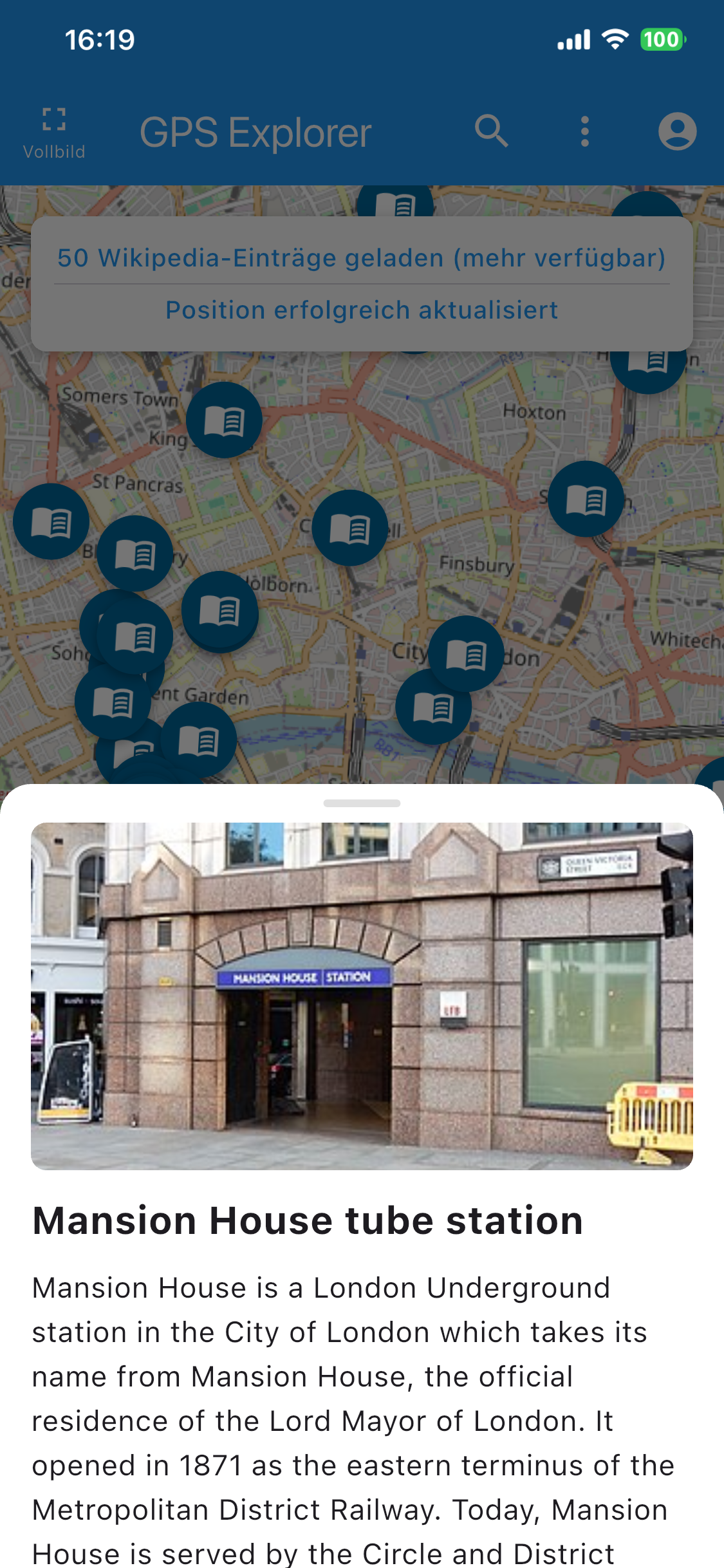GPS Explorer Wikipedia POIs auf der Karte – Mansion House tube station London mit Artikelvorschau