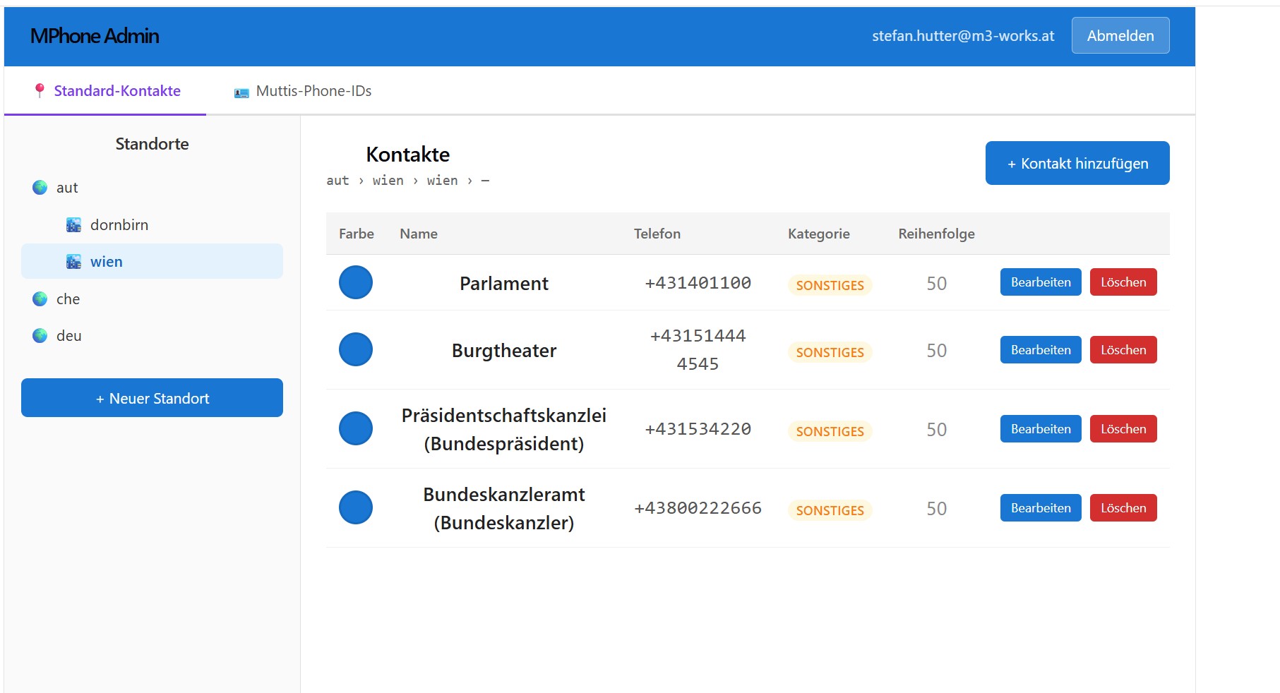 Standard-Kontakte Tab