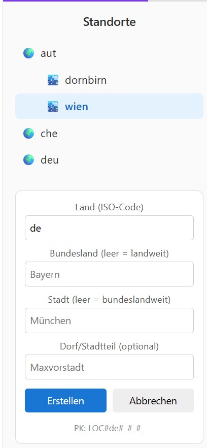 Neuer Standort Formular