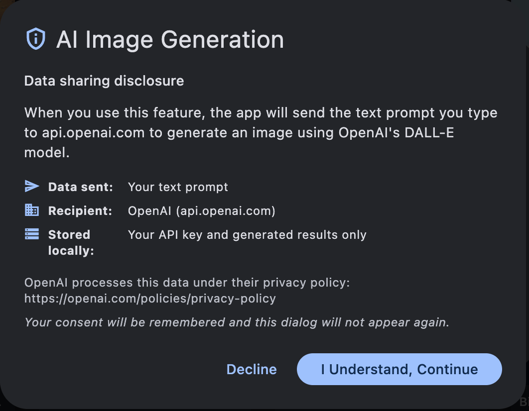 AI Image Generation consent dialog