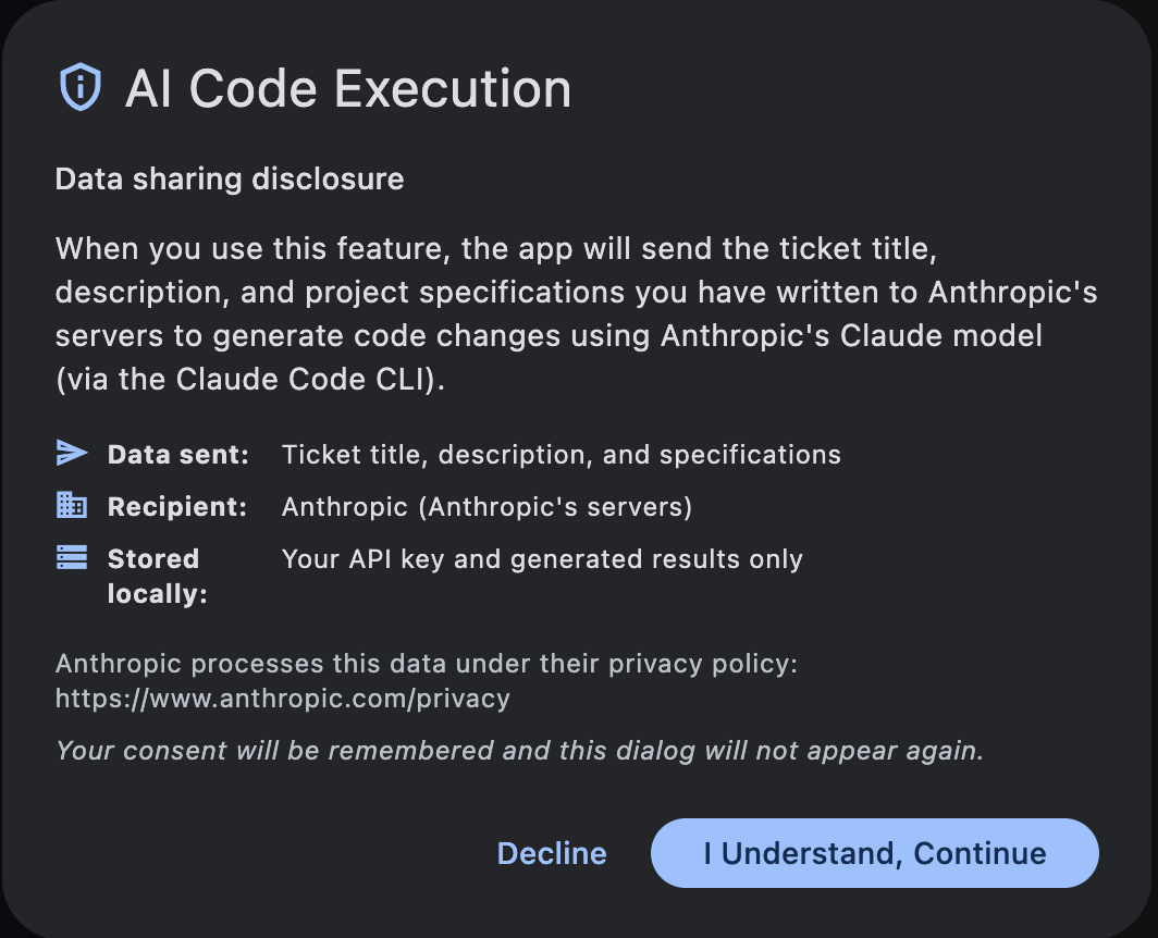 AI Code Execution consent dialog